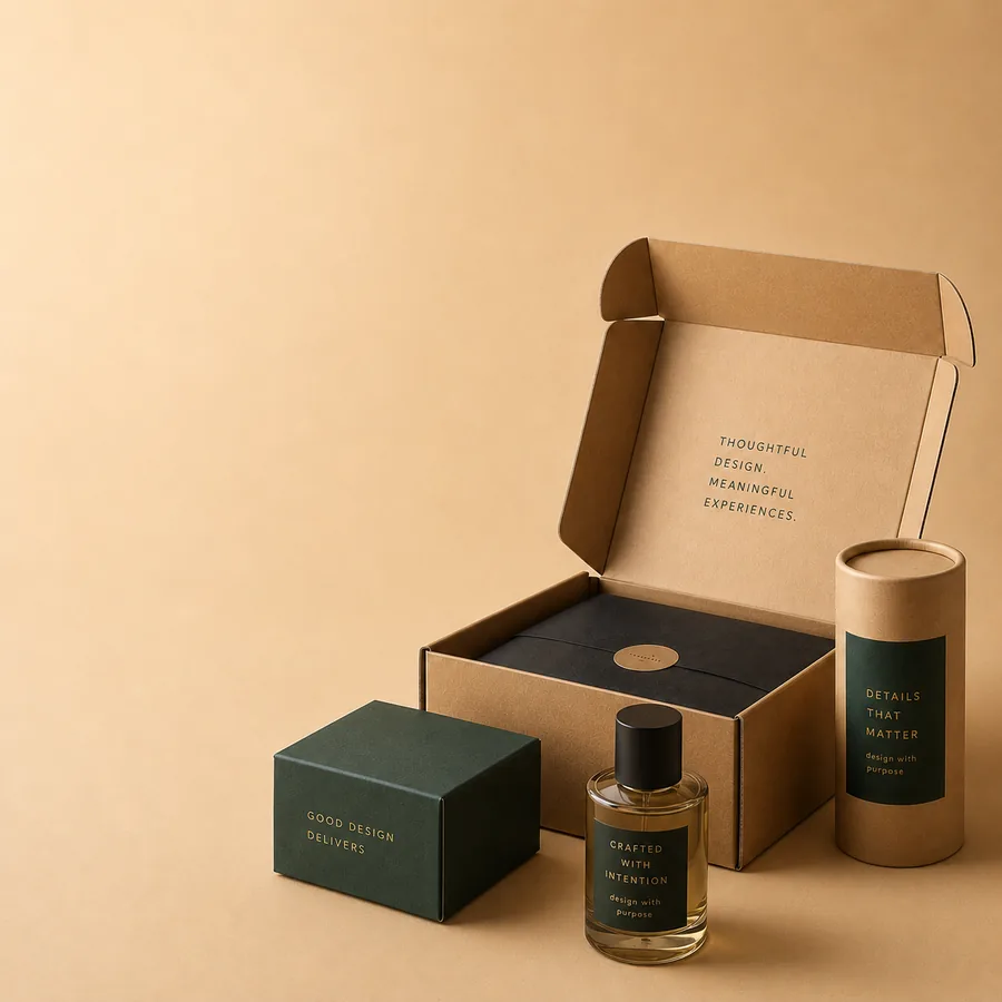 Confezione bianca minimale che rappresenta il servizio di packaging design